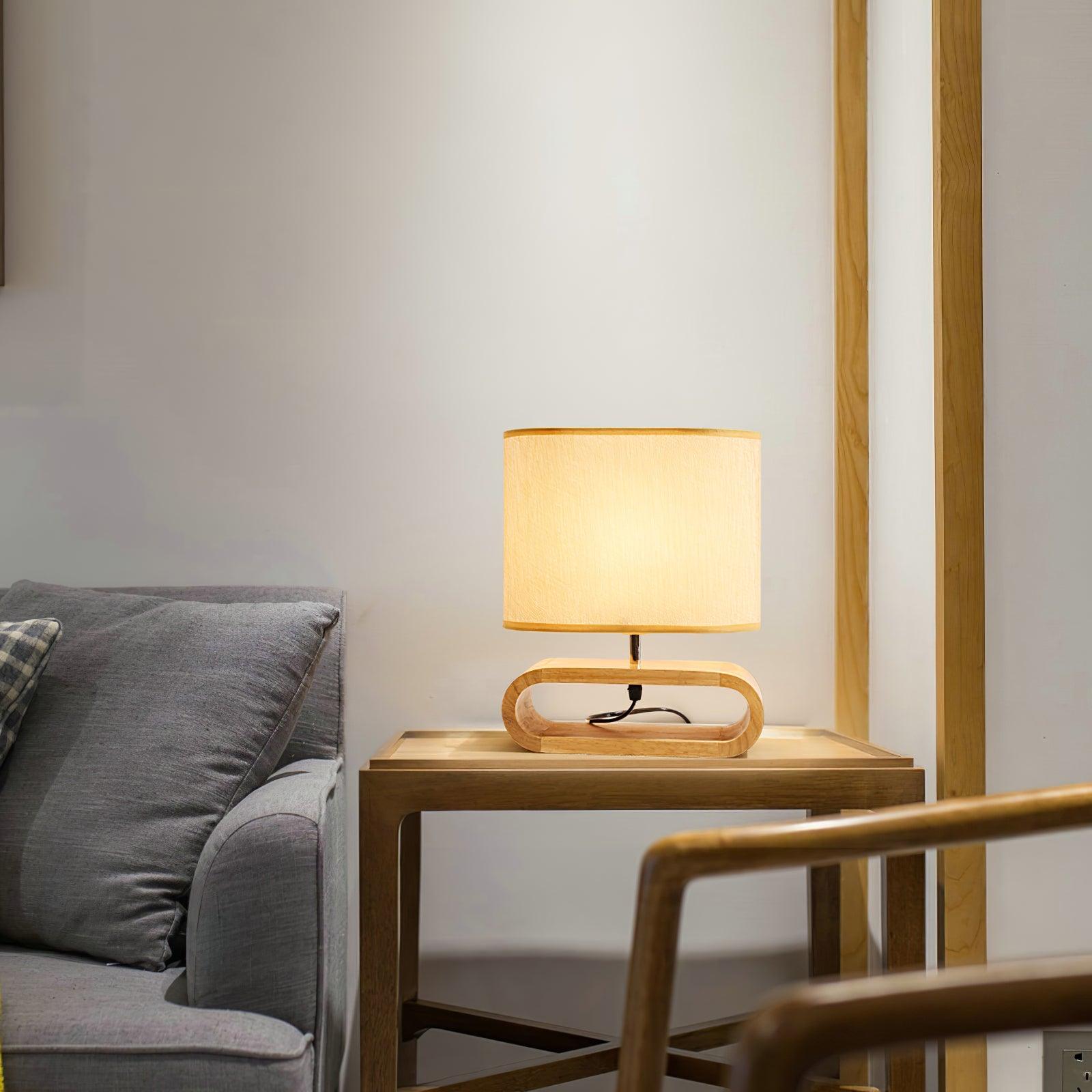 Moti Minimalist Natural Wood Table Lamp with Brown Fabric Shade for Bedside