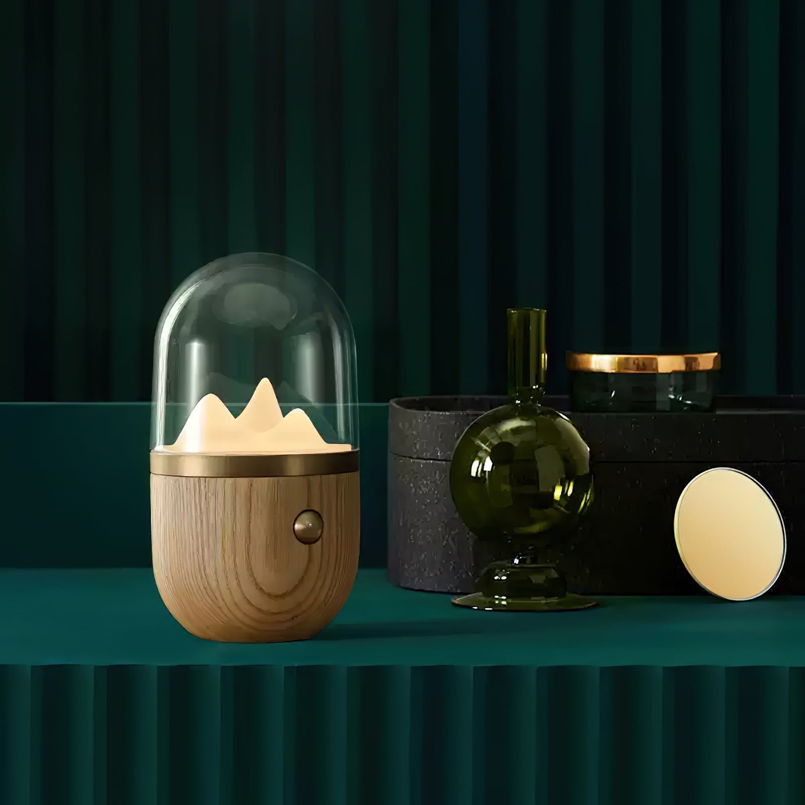 Mountain Peak LED Accent Table Lamp Nature Inspired Night Light with Wood Base
