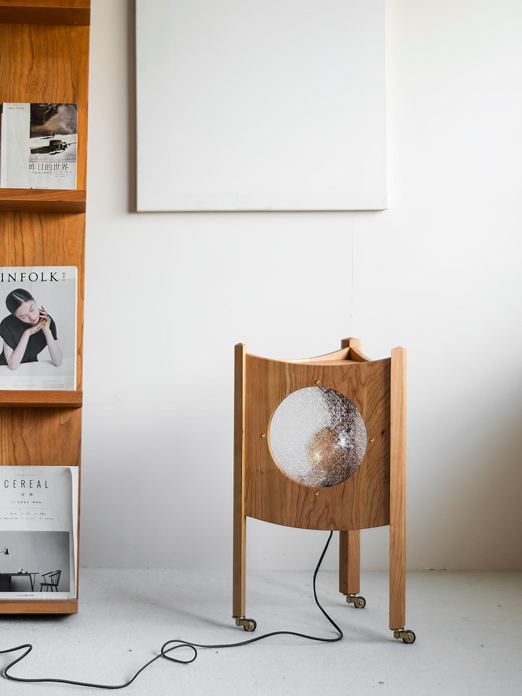 Modern Solid Wood Mobile Bedside Lamp Triangular Rolling Table Light for Living Room