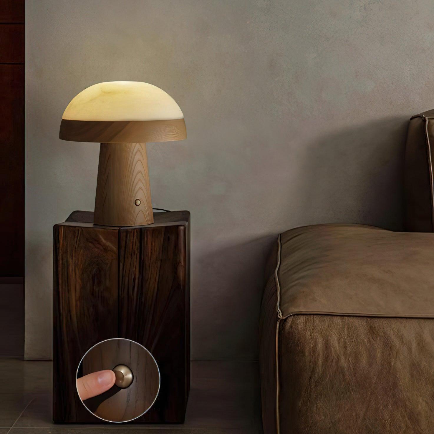 Modern Mushroom Cloud Alabaster Stone Table Lamp with Natural Wood Base