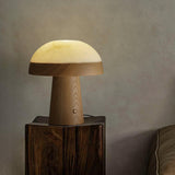 Modern Mushroom Cloud Alabaster Stone Table Lamp with Natural Wood Base