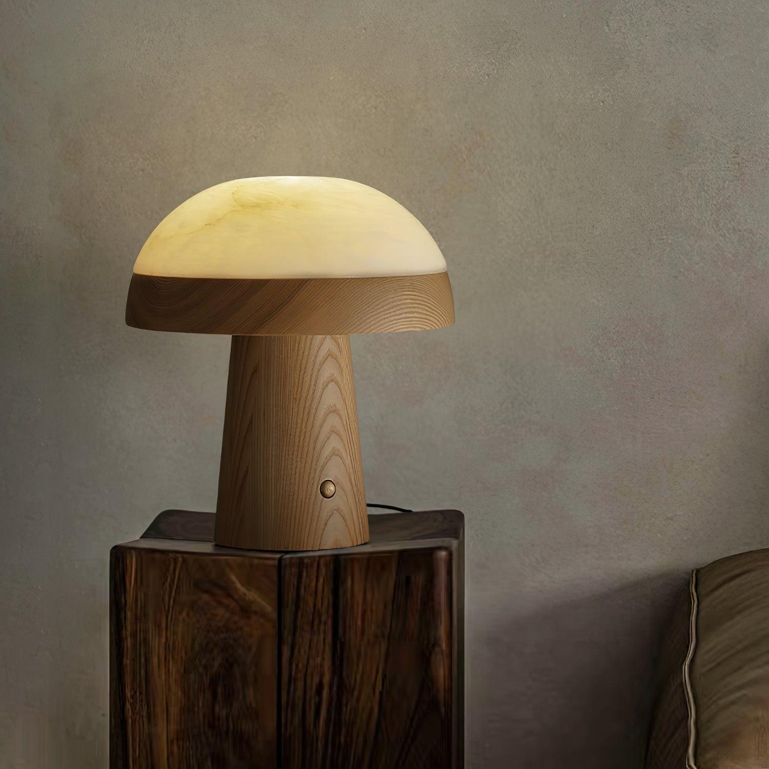 Modern Mushroom Cloud Alabaster Stone Table Lamp with Natural Wood Base