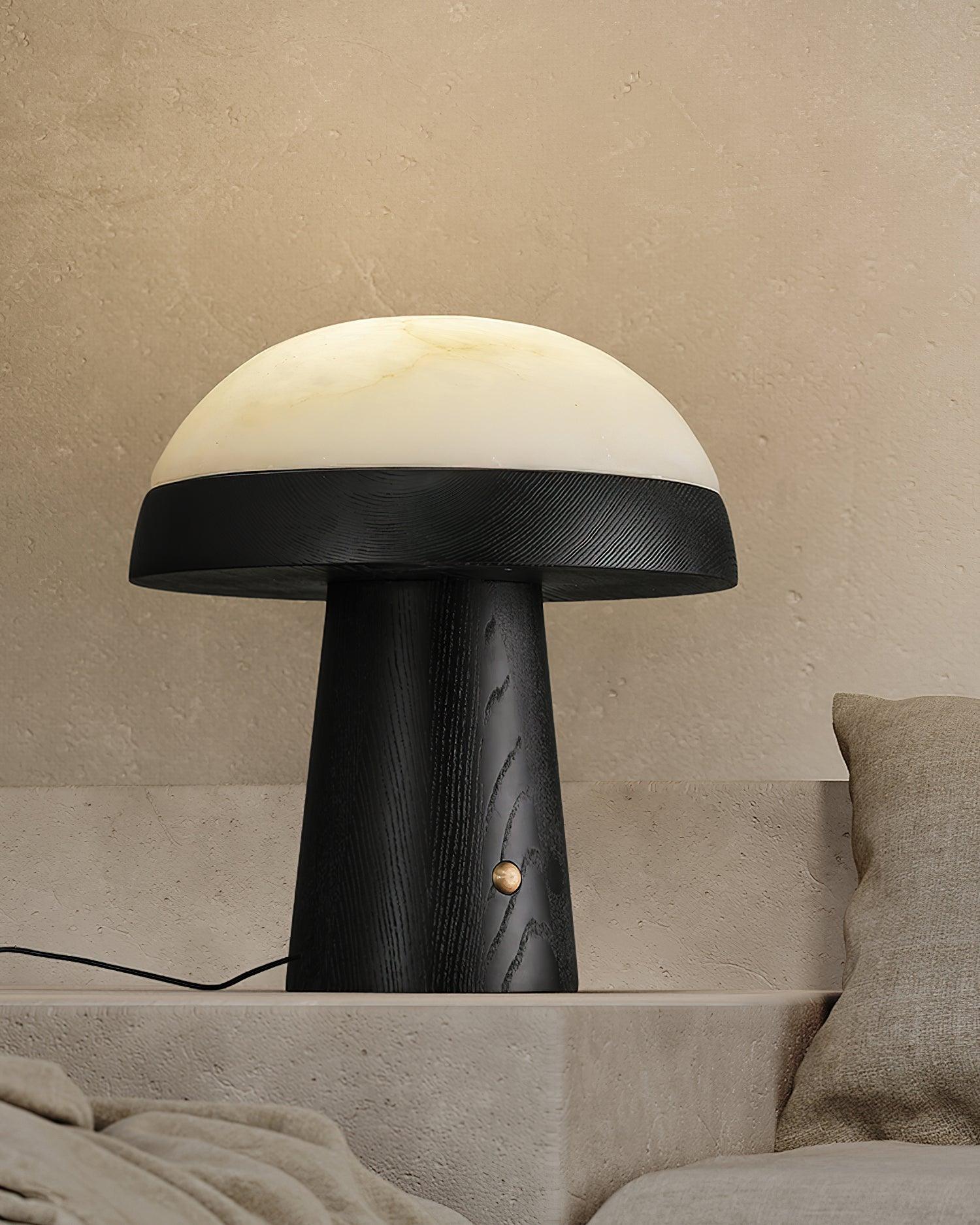 Modern Mushroom Cloud Alabaster Stone Table Lamp with Natural Wood Base