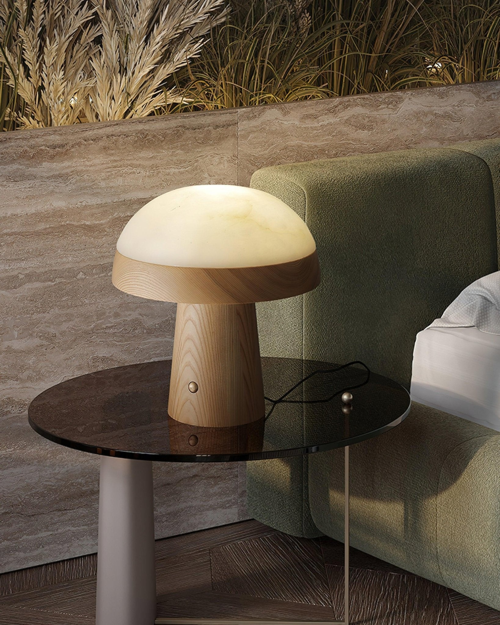 Modern Mushroom Cloud Alabaster Stone Table Lamp with Natural Wood Base