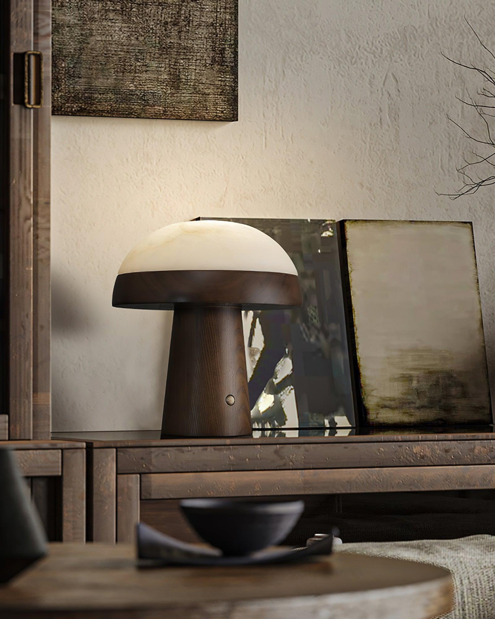 Modern Mushroom Cloud Alabaster Stone Table Lamp with Natural Wood Base