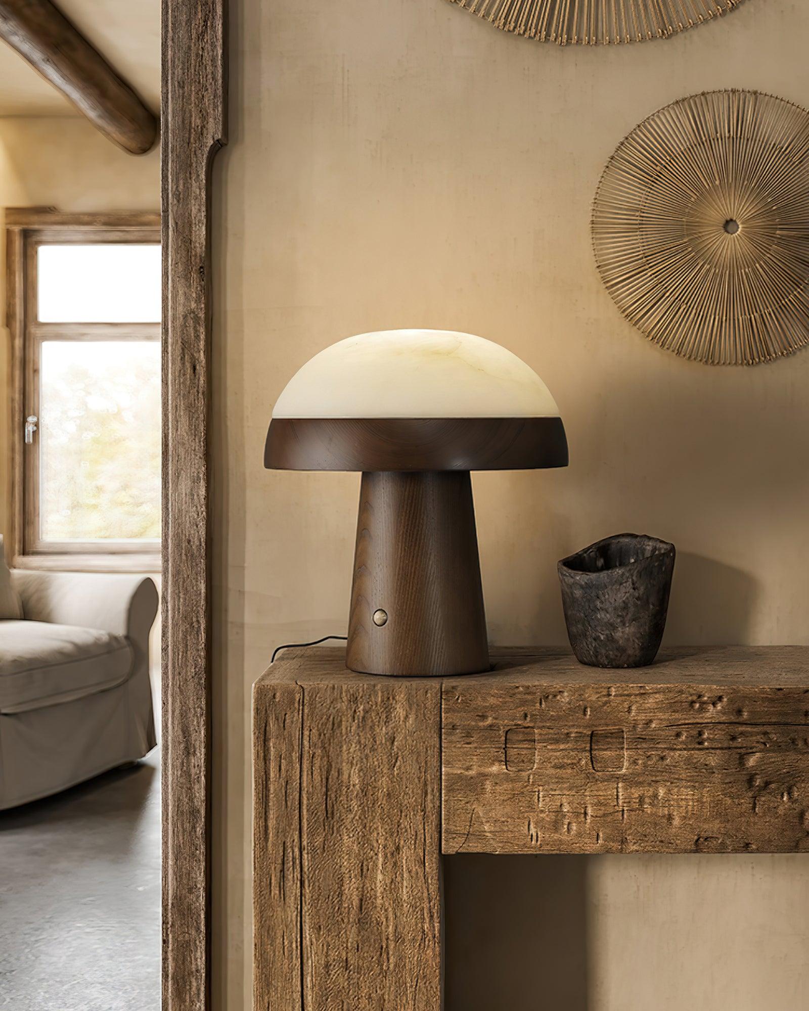 Modern Mushroom Cloud Alabaster Stone Table Lamp with Natural Wood Base