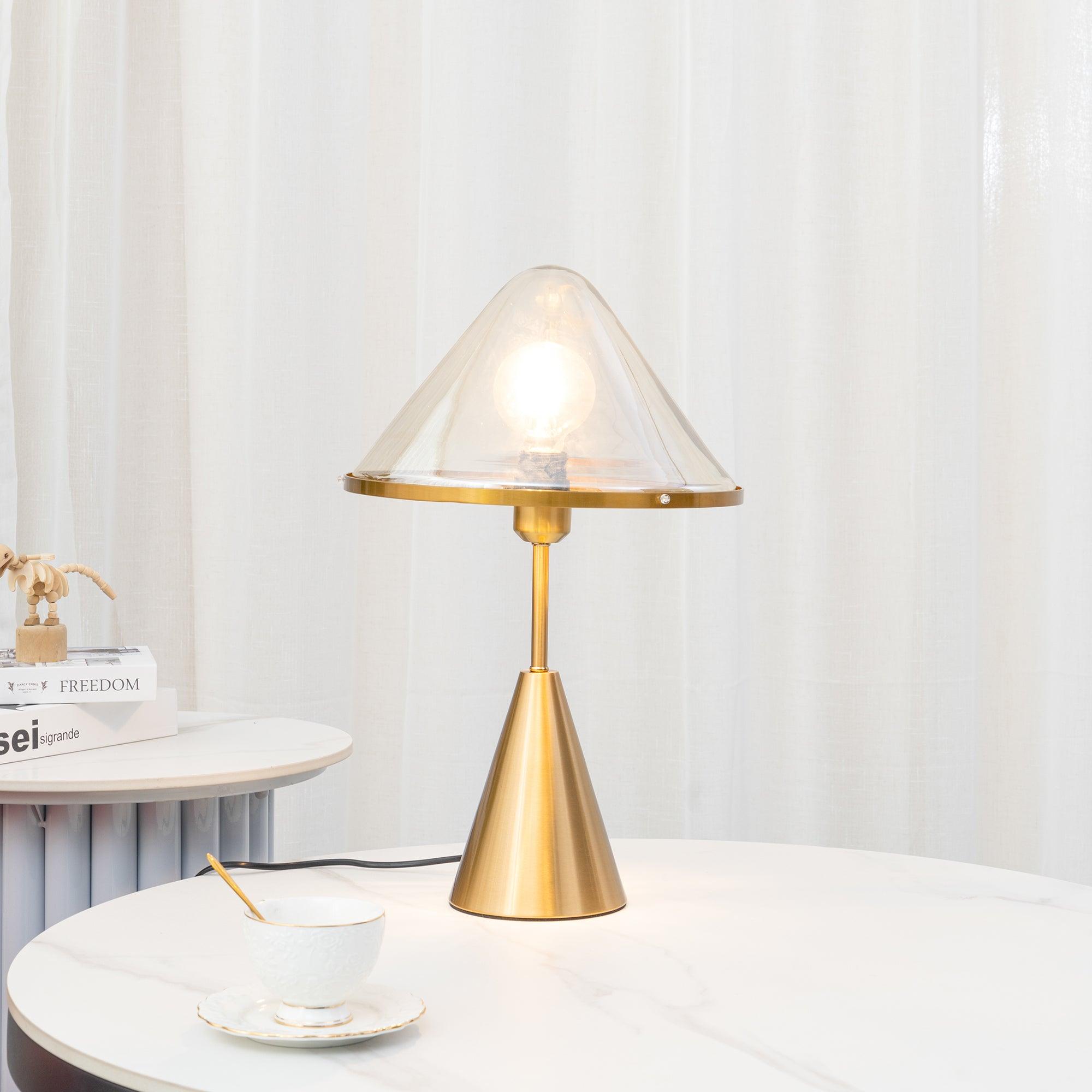 Modern Gold Mushroom Desk Lamp with Elegant Glass Shade and Brass Finish