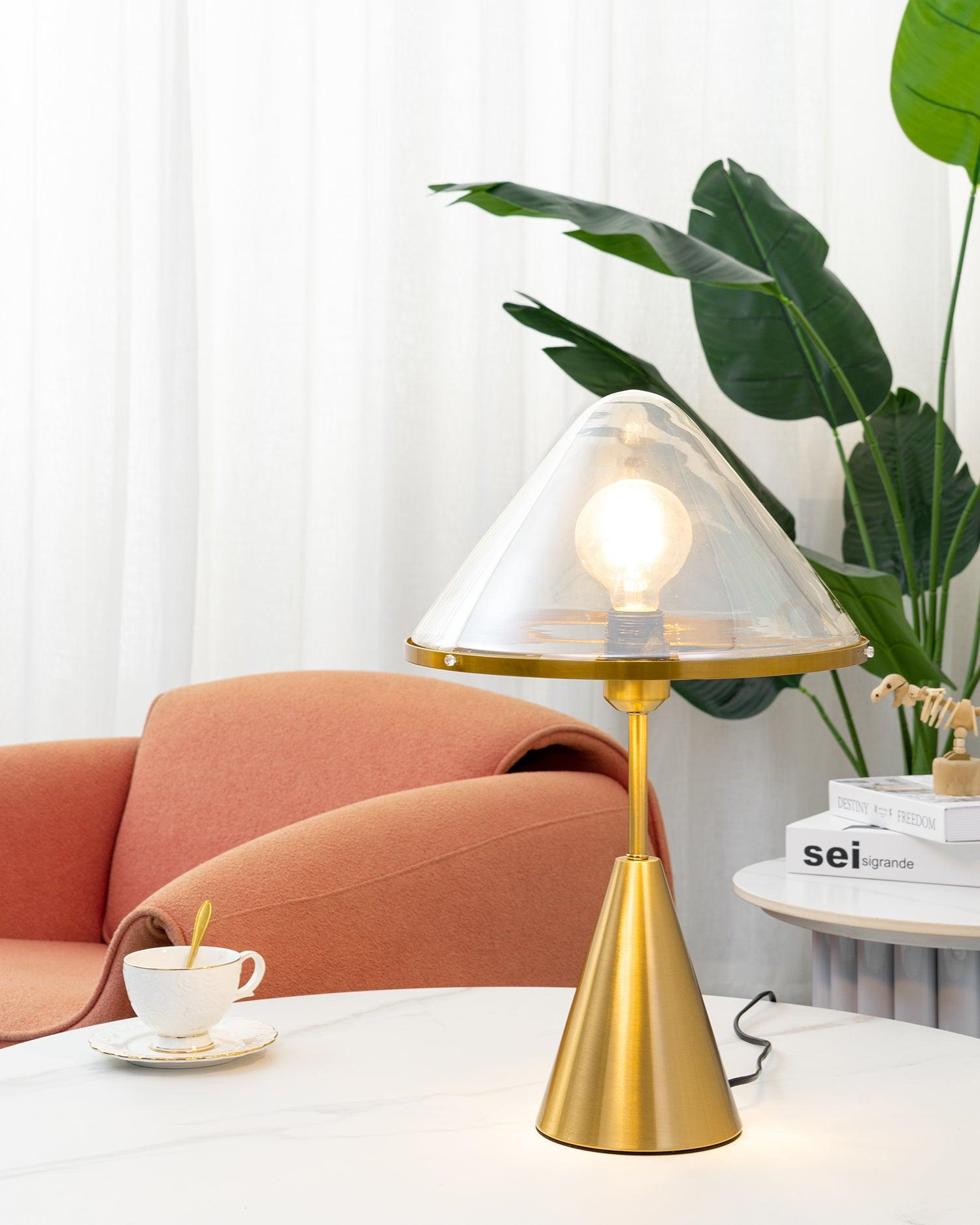 Modern Gold Mushroom Desk Lamp with Elegant Glass Shade and Brass Finish