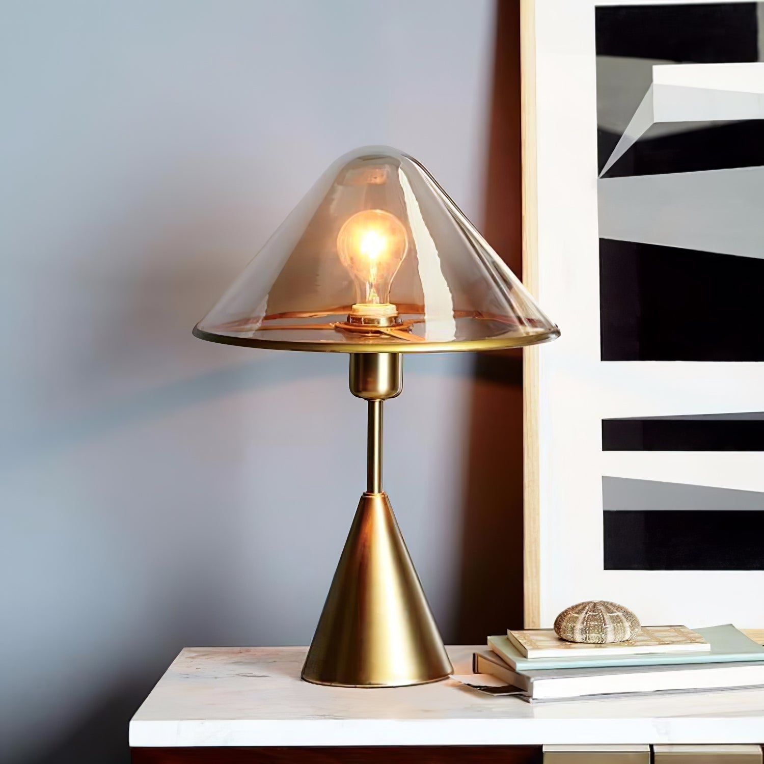 Modern Gold Mushroom Desk Lamp with Elegant Glass Shade and Brass Finish