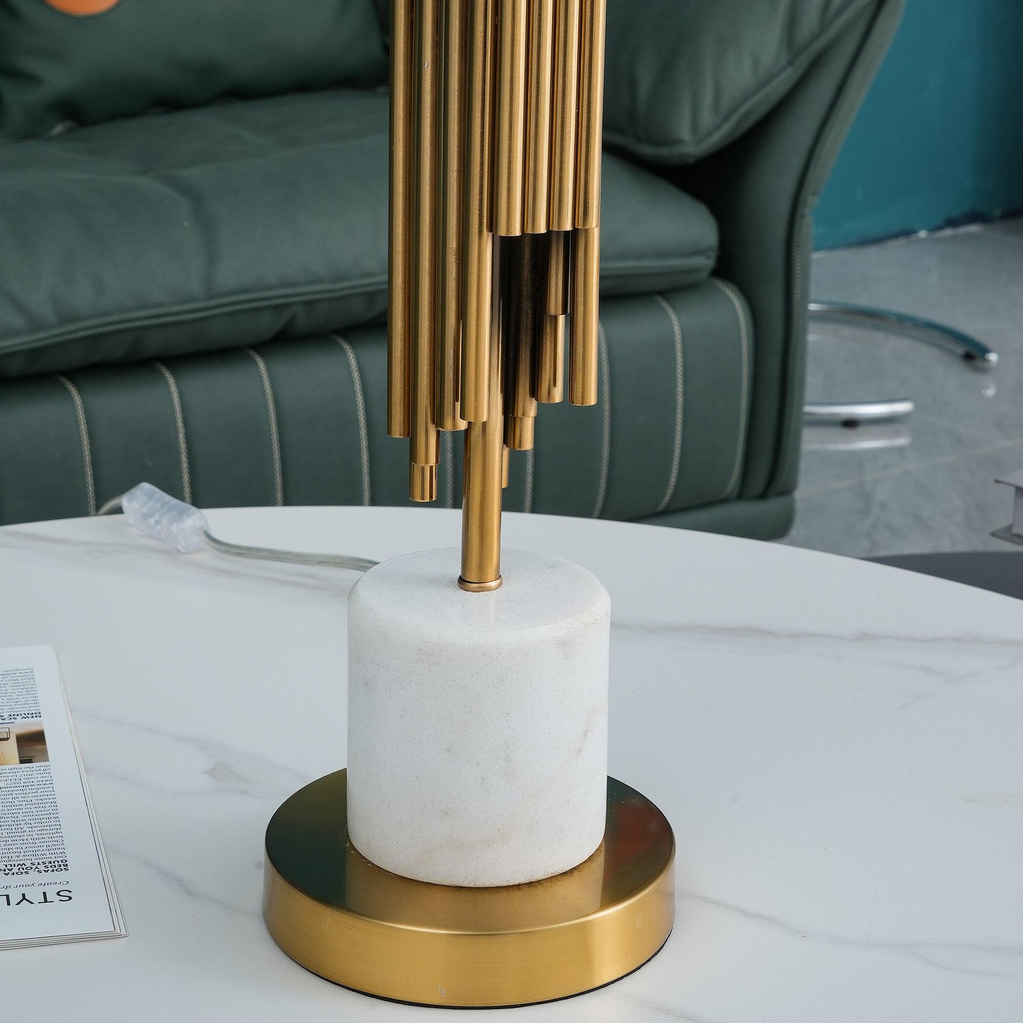 Modern Myrano Gold Art Deco Table Lamp with White Fabric Shade and Marble Base