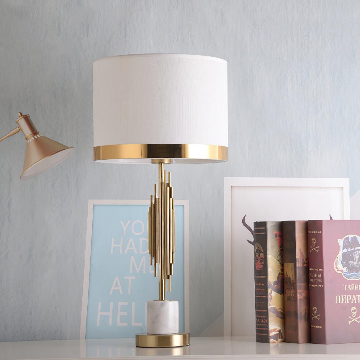 Modern Myrano Gold Art Deco Table Lamp with White Fabric Shade and Marble Base