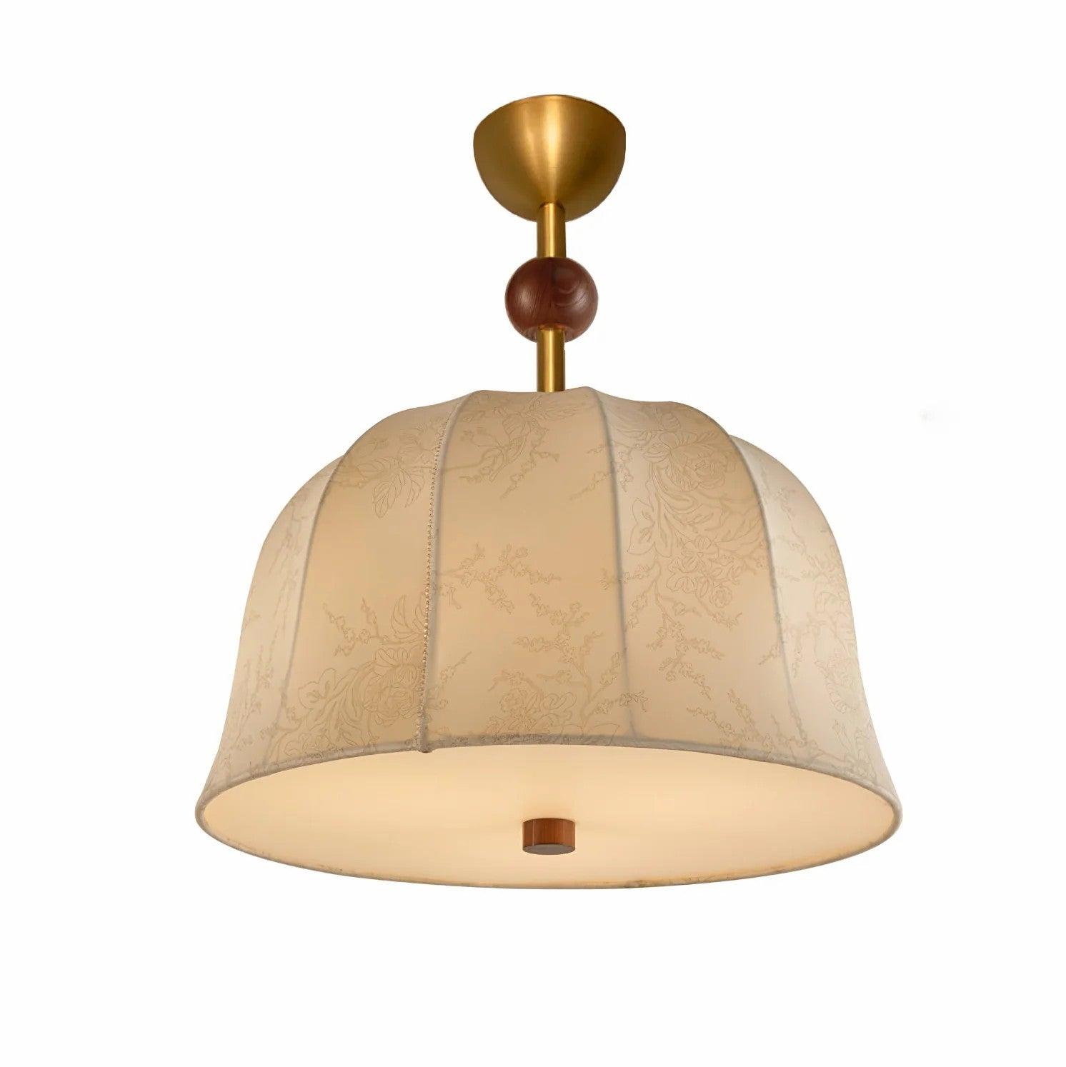 Mid Century Retro Geometric Ceiling Lamp with Wood Accents and Linen Shade