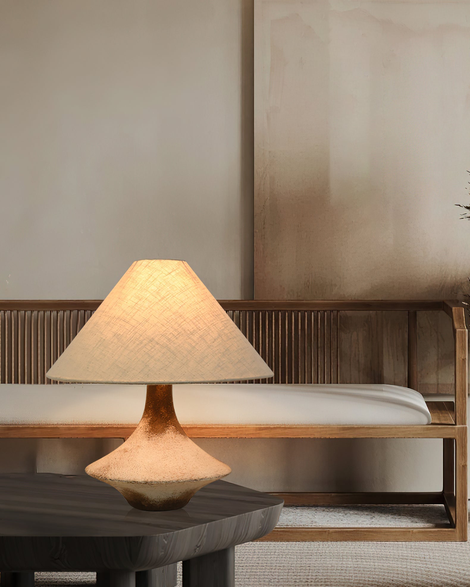 Rustic Weathered Ceramic Table Lamp with Beige Fabric Shade for Bedroom and Living Room