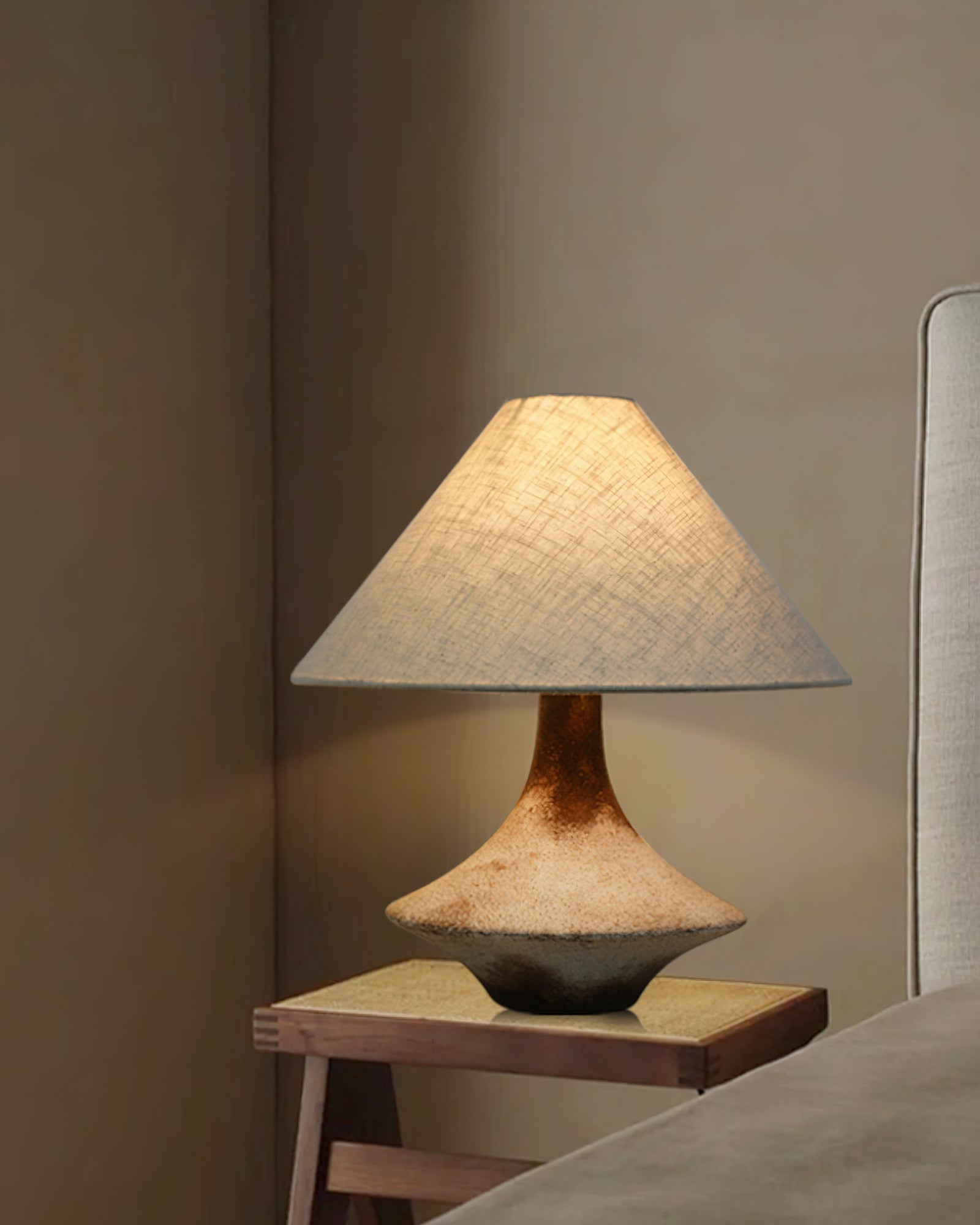 Rustic Weathered Ceramic Table Lamp with Beige Fabric Shade for Bedroom and Living Room