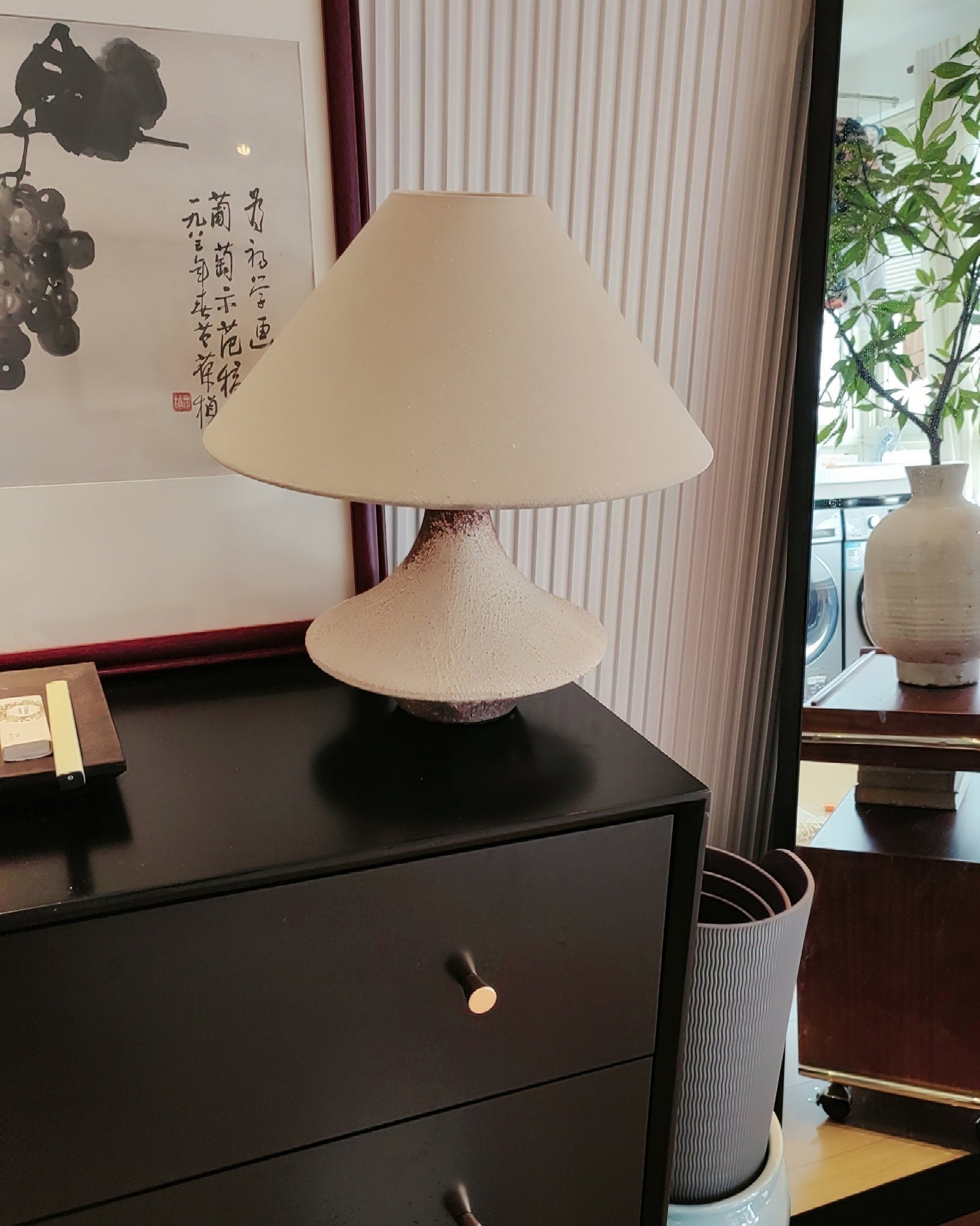 Rustic Weathered Ceramic Table Lamp with Beige Fabric Shade for Bedroom and Living Room