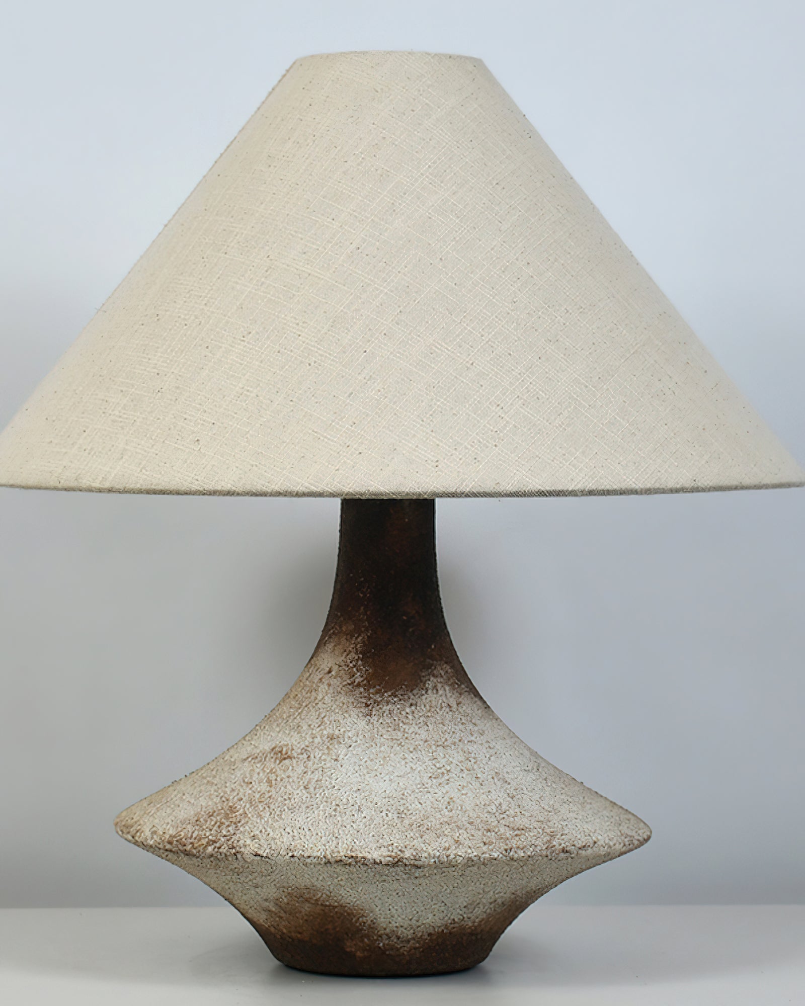 Rustic Weathered Ceramic Table Lamp with Beige Fabric Shade for Bedroom and Living Room