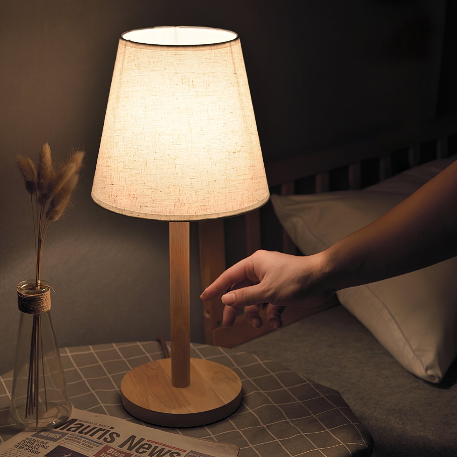 minimalist-nordic-wooden-bedside-lamp-with-white-fabric-drum-shade-for-modern-home