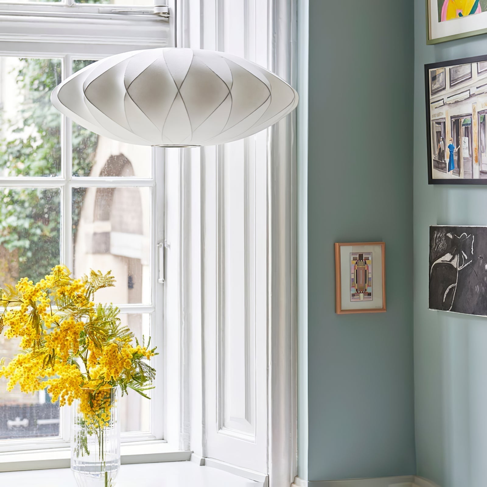 Modern Bubble Mulberry Silk Pendant Light Geometric Mid Century Minimalist Hanging Lamp for Living Room