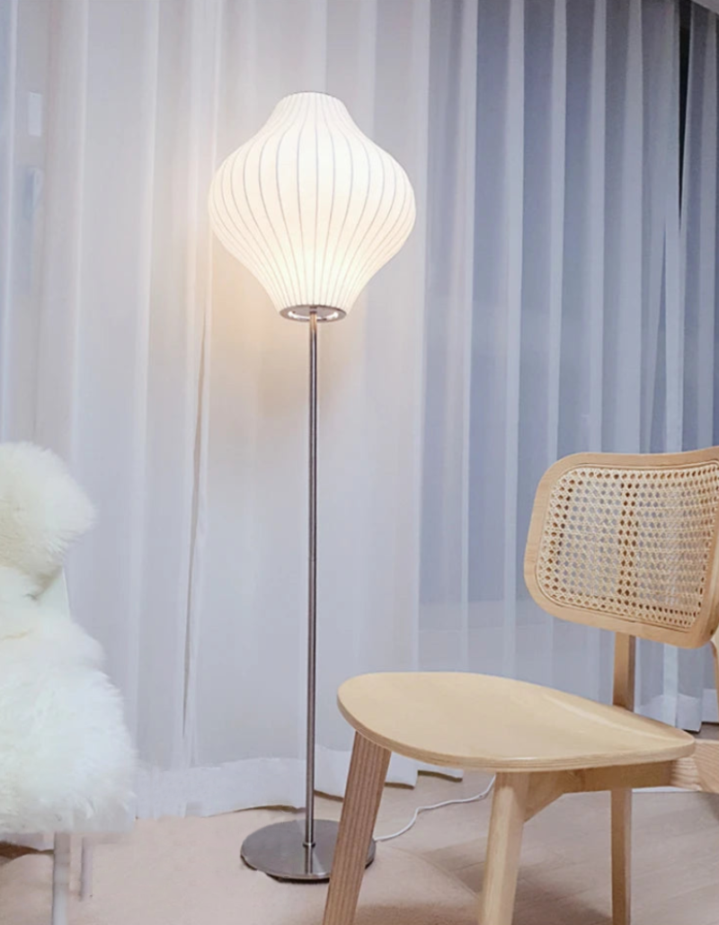 Modern Mid Century Bubble Floor Lamp with White Silk Shade and Steel Base