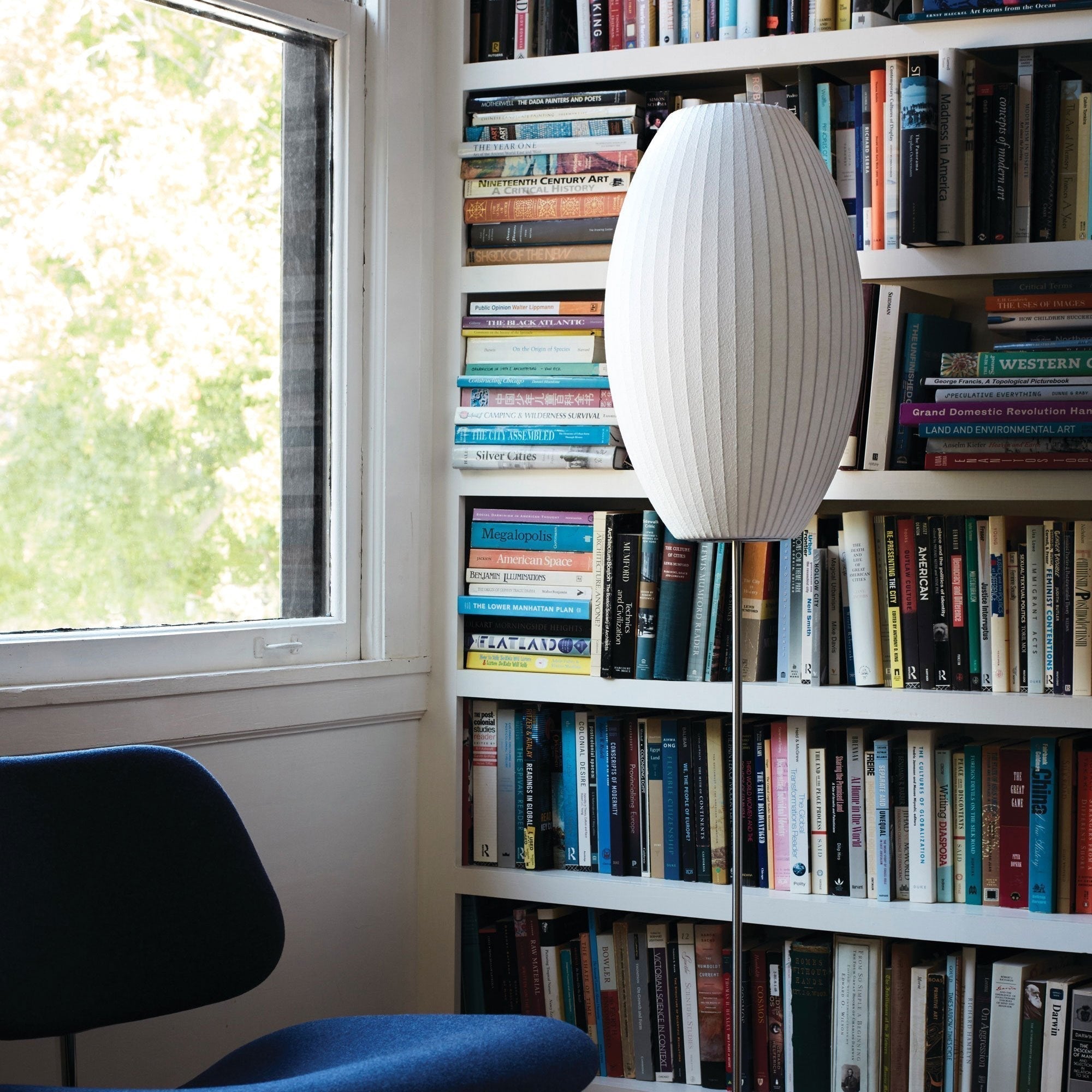 Modern Mid Century Bubble Floor Lamp with White Silk Shade and Steel Base