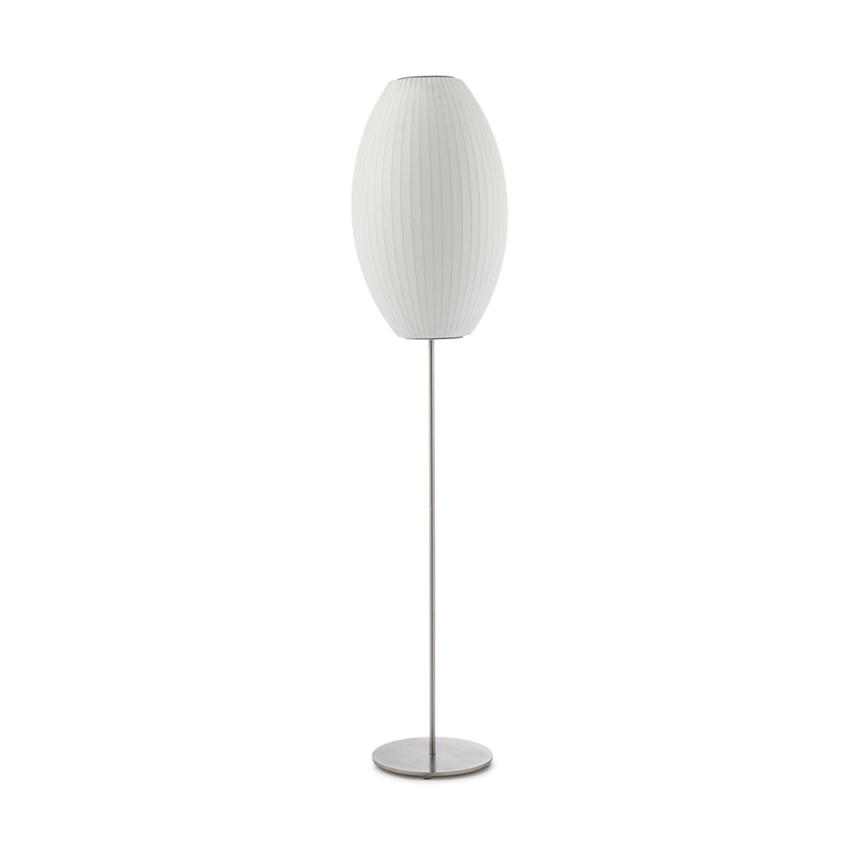 Modern Mid Century Bubble Floor Lamp with White Silk Shade and Steel Base