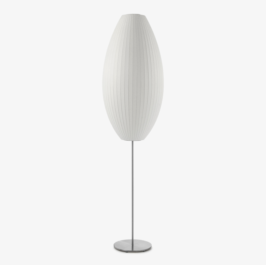Modern Mid Century Bubble Floor Lamp with White Silk Shade and Steel Base