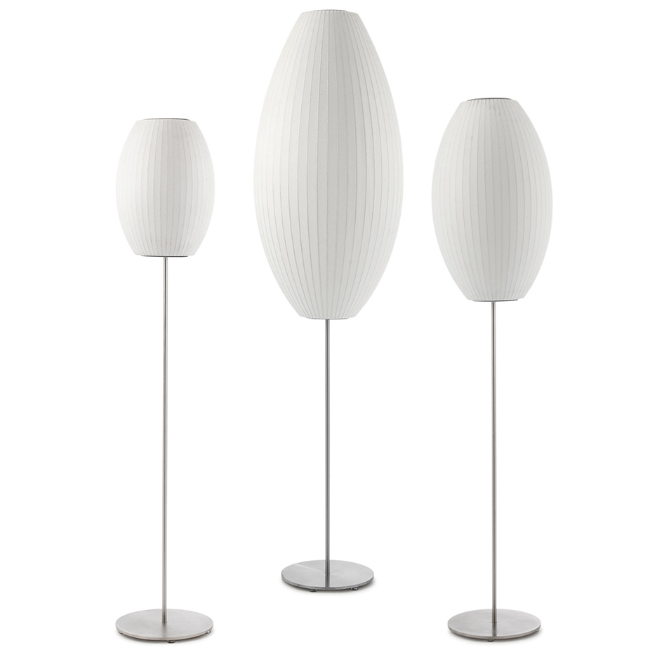Modern Mid Century Bubble Floor Lamp with White Silk Shade and Steel Base