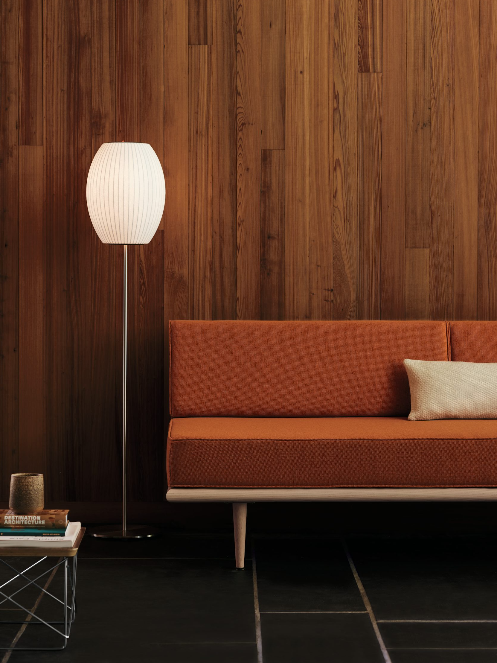 Modern Mid Century Bubble Floor Lamp with White Silk Shade and Steel Base