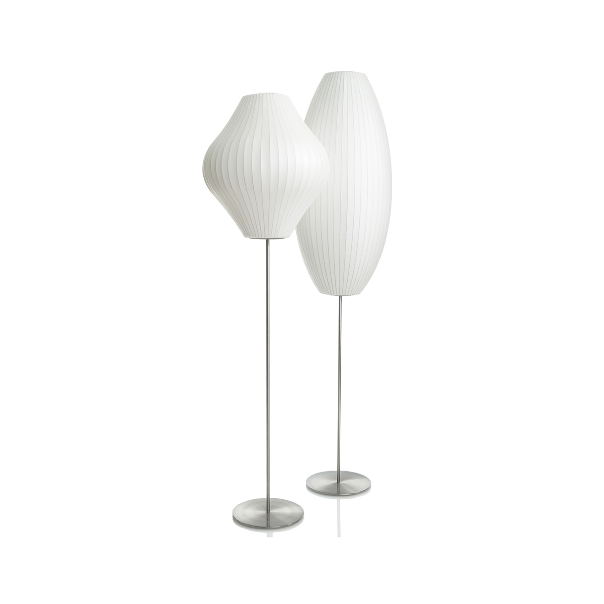 Modern Mid Century Bubble Floor Lamp with White Silk Shade and Steel Base