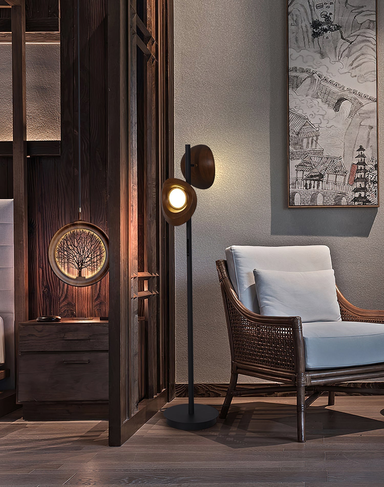 Modern Nest Wooden Floor Lamp Standing Light with Integrated LED and Organic Shades