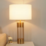 Modern Nettle Gold Metal Table Lamp with White Fabric Drum Shade for Living Room and Bedroom