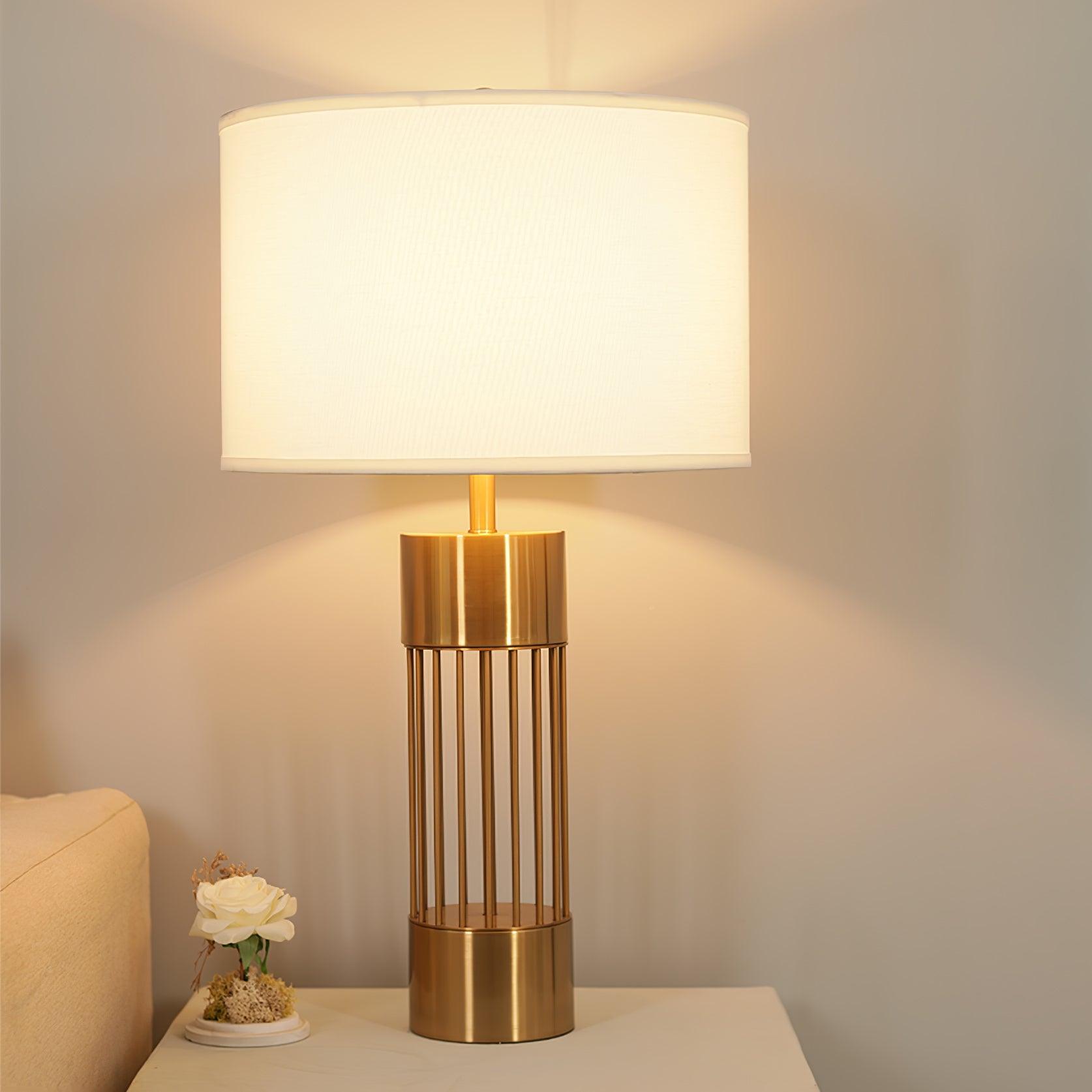Modern Nettle Gold Metal Table Lamp with White Fabric Drum Shade for Living Room and Bedroom