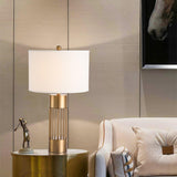 Modern Nettle Gold Metal Table Lamp with White Fabric Drum Shade for Living Room and Bedroom