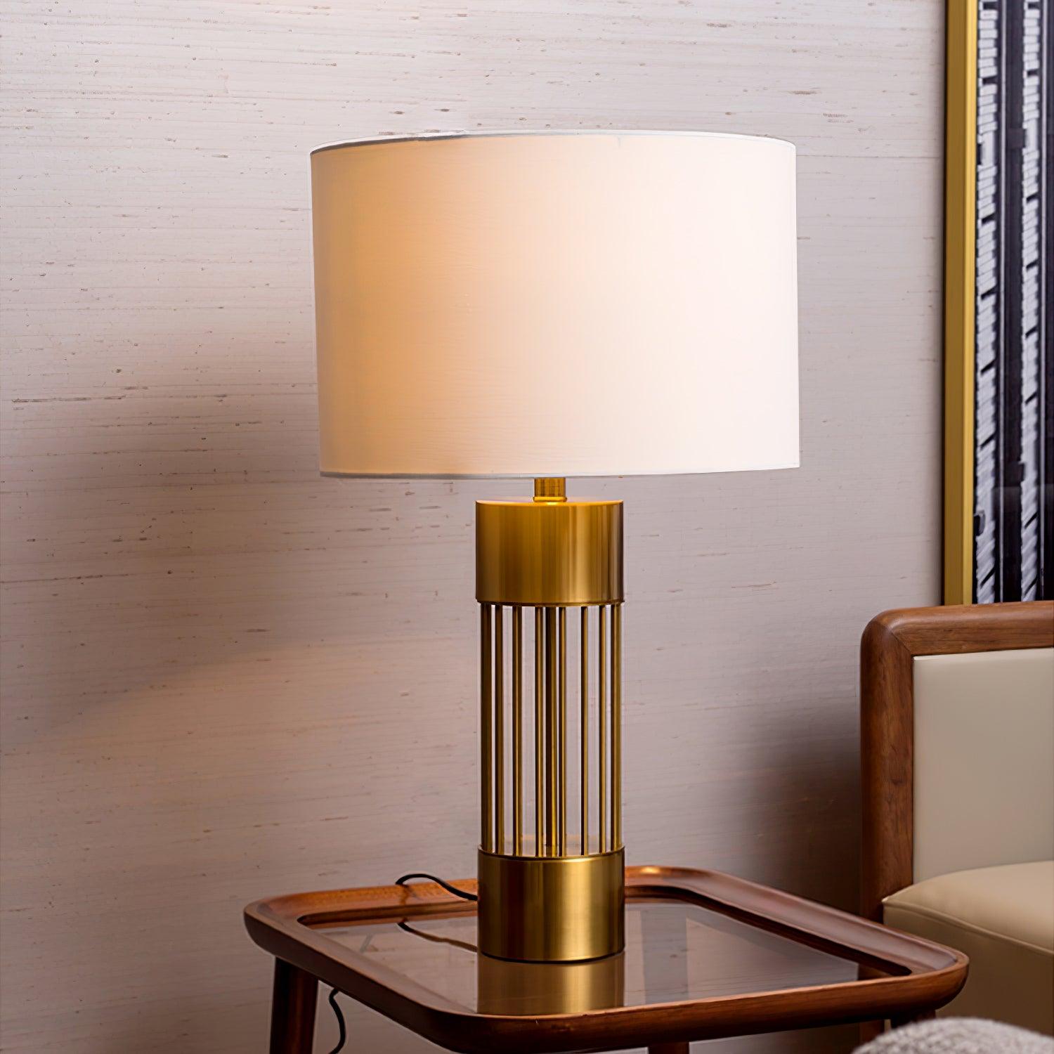 Modern Nettle Gold Metal Table Lamp with White Fabric Drum Shade for Living Room and Bedroom