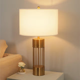 Modern Nettle Gold Metal Table Lamp with White Fabric Drum Shade for Living Room and Bedroom