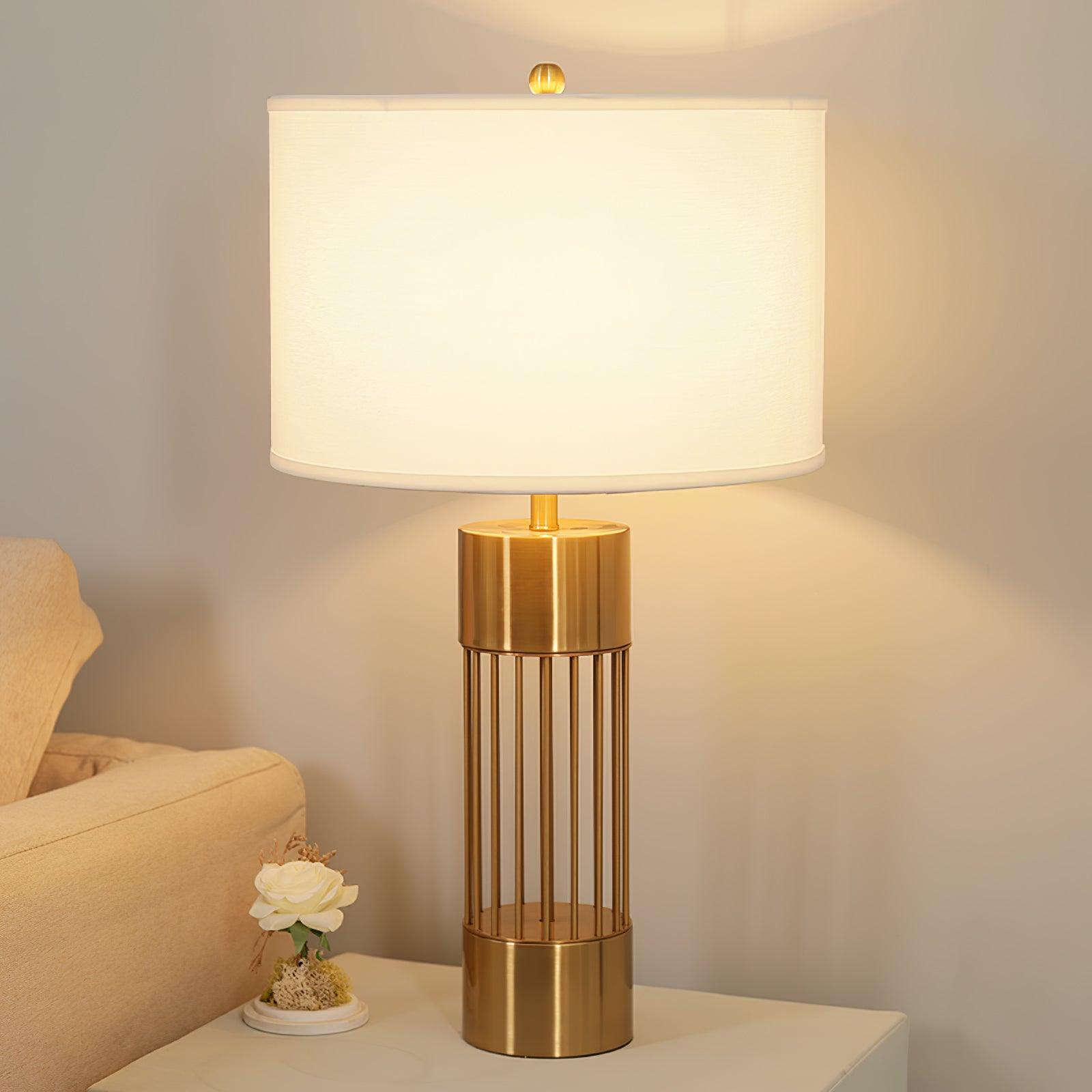 Modern Nettle Gold Metal Table Lamp with White Fabric Drum Shade for Living Room and Bedroom