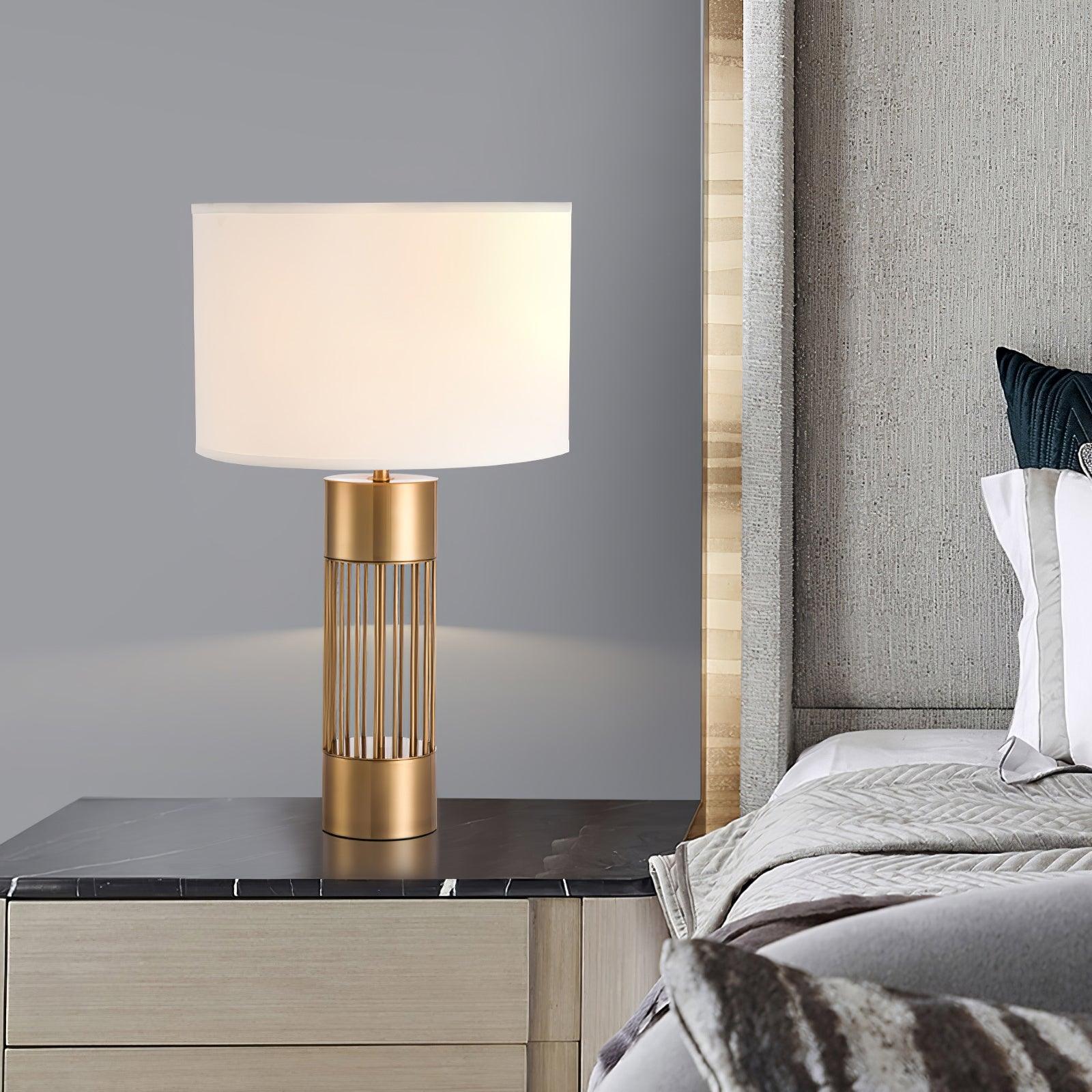Modern Nettle Gold Metal Table Lamp with White Fabric Drum Shade for Living Room and Bedroom