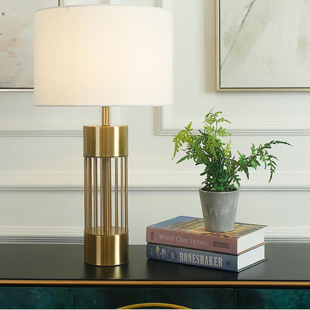 Modern Nettle Gold Metal Table Lamp with White Fabric Drum Shade for Living Room and Bedroom
