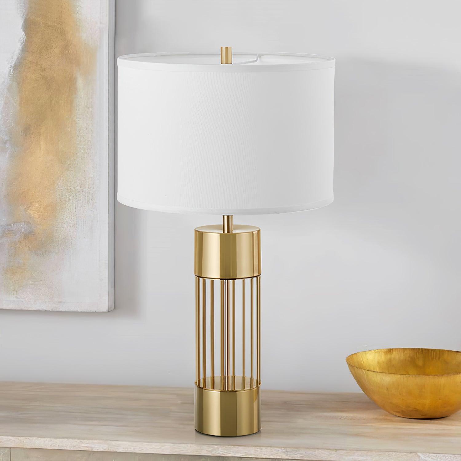 Modern Nettle Gold Metal Table Lamp with White Fabric Drum Shade for Living Room and Bedroom