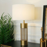 Modern Nettle Gold Metal Table Lamp with White Fabric Drum Shade for Living Room and Bedroom