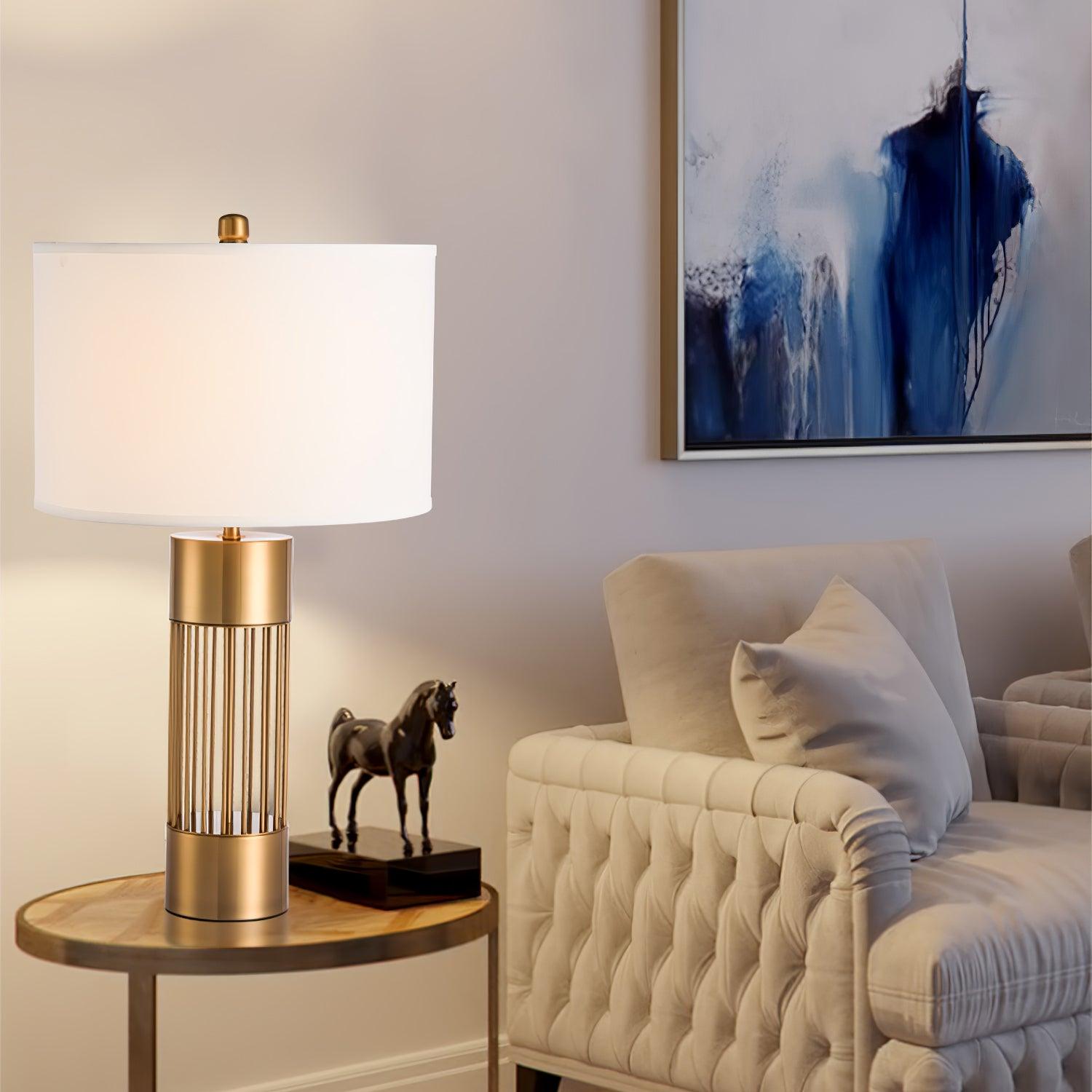 Modern Nettle Gold Metal Table Lamp with White Fabric Drum Shade for Living Room and Bedroom