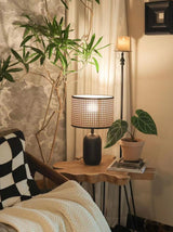Modern Bamboo Table Lamp with Black Geometric Trim for Bedroom and Office Lighting