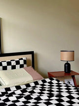 Modern Bamboo Table Lamp with Black Geometric Trim for Bedroom and Office Lighting