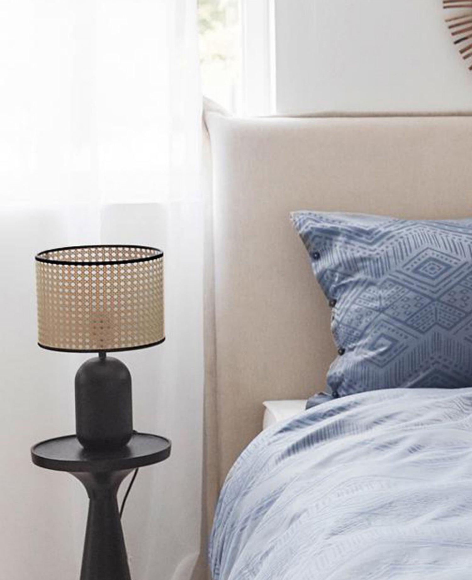 Modern Bamboo Table Lamp with Black Geometric Trim for Bedroom and Office Lighting