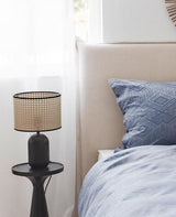 Modern Bamboo Table Lamp with Black Geometric Trim for Bedroom and Office Lighting