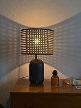 Modern Bamboo Table Lamp with Black Geometric Trim for Bedroom and Office Lighting