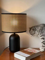 Modern Bamboo Table Lamp with Black Geometric Trim for Bedroom and Office Lighting