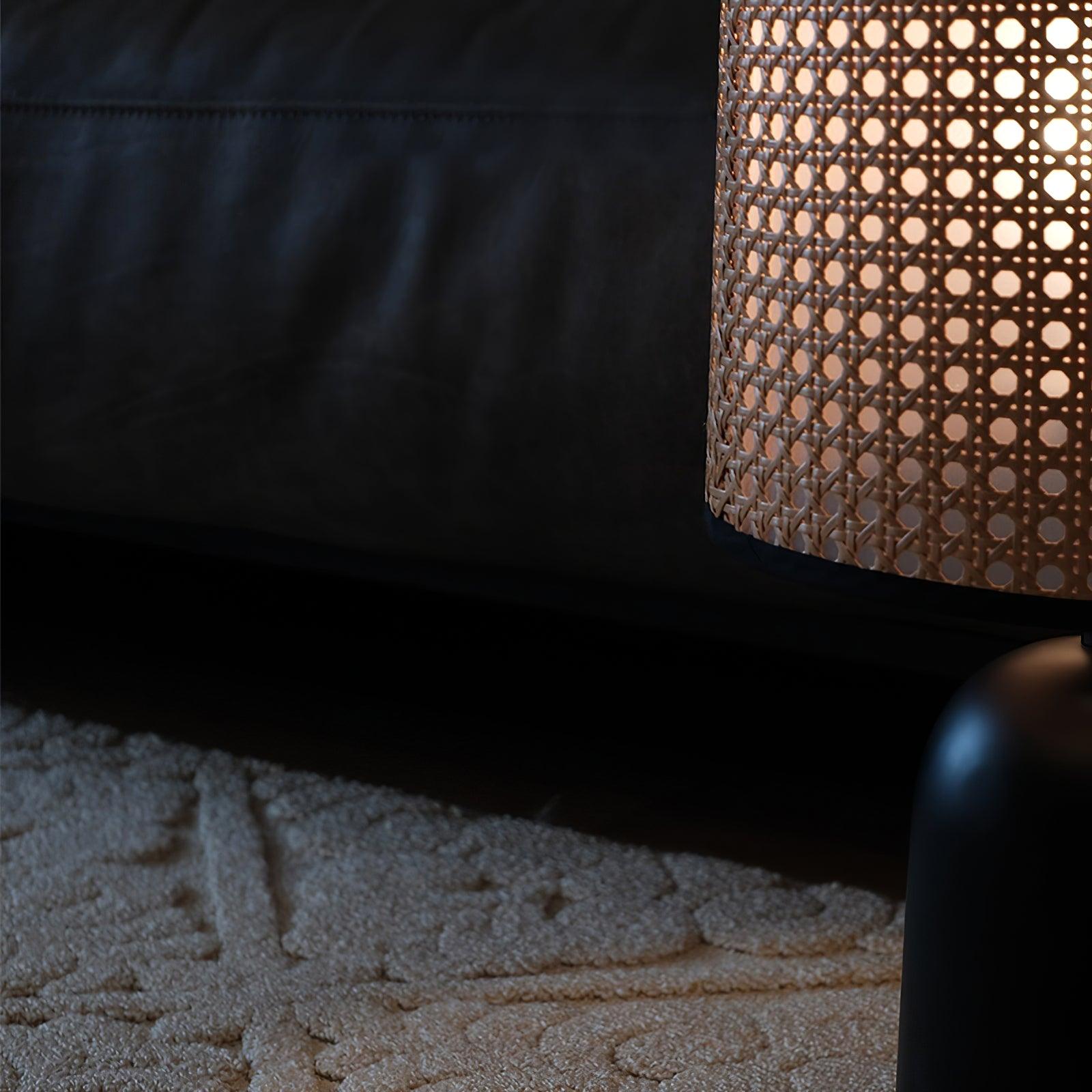 Modern Bamboo Table Lamp with Black Geometric Trim for Bedroom and Office Lighting