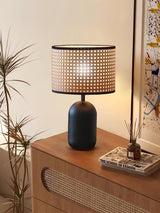 Modern Bamboo Table Lamp with Black Geometric Trim for Bedroom and Office Lighting