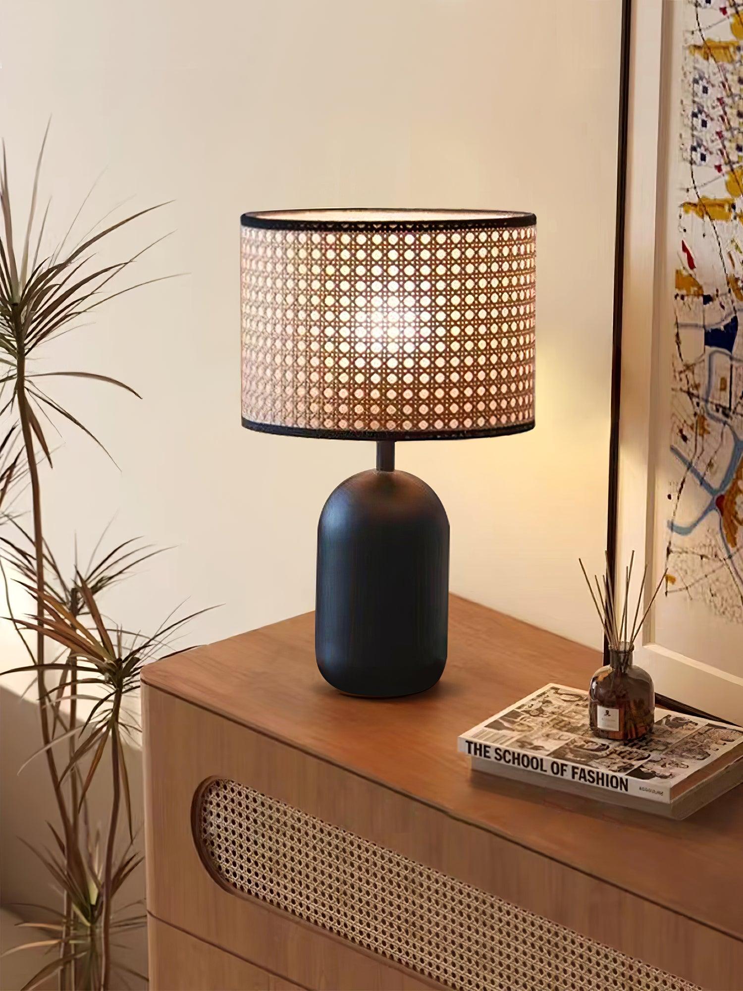 Modern Bamboo Table Lamp with Black Geometric Trim for Bedroom and Office Lighting